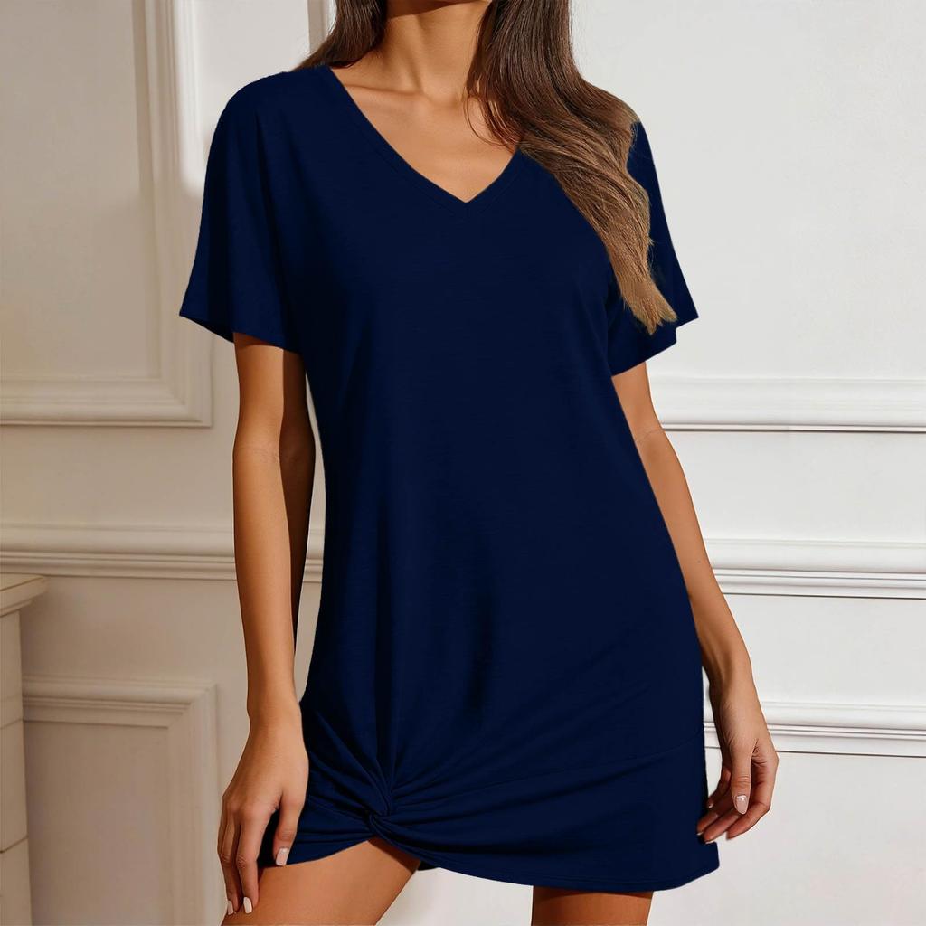 Women’s Fashionable Casual Plain V-neck Short-sleeved Knot-detail Loose-fit Dress