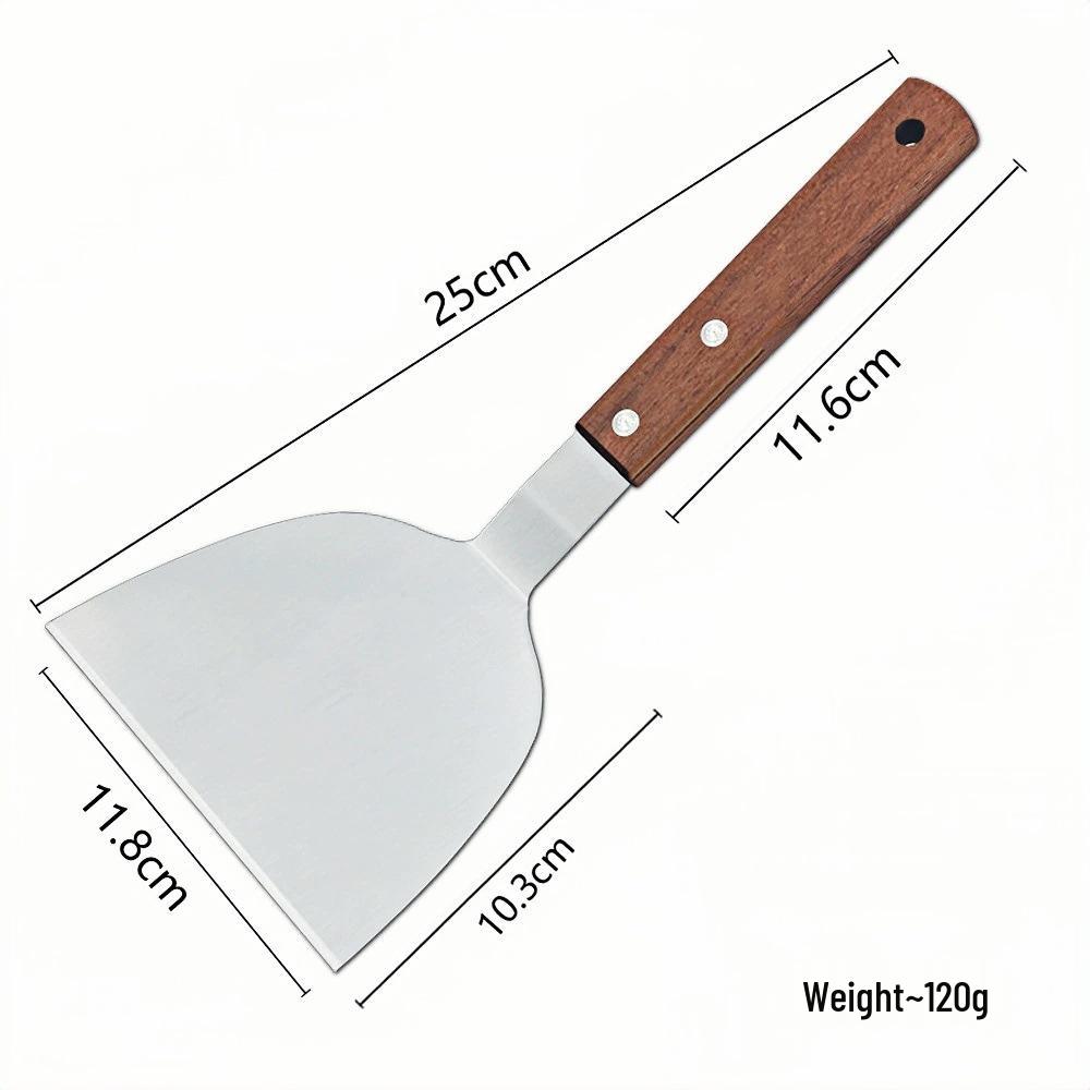 Multi-functional Stainless Steel BBQ Spatula with Wood Anti-slip Handle for Outdoor Grilling and Steak Frying