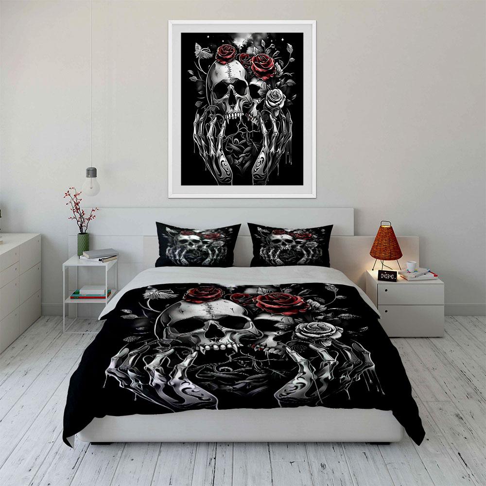 "Skulls with Roses Tattoo Art" Bedding Duvet Cover Set (1*Duvet Cover 2*Pillowcases, Without Duvet Insert)