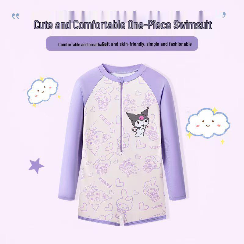 Kuromi Girls' Long Sleeve Sun Protection One-Piece Swimsuit for Kids - Professional Training Boxer Style