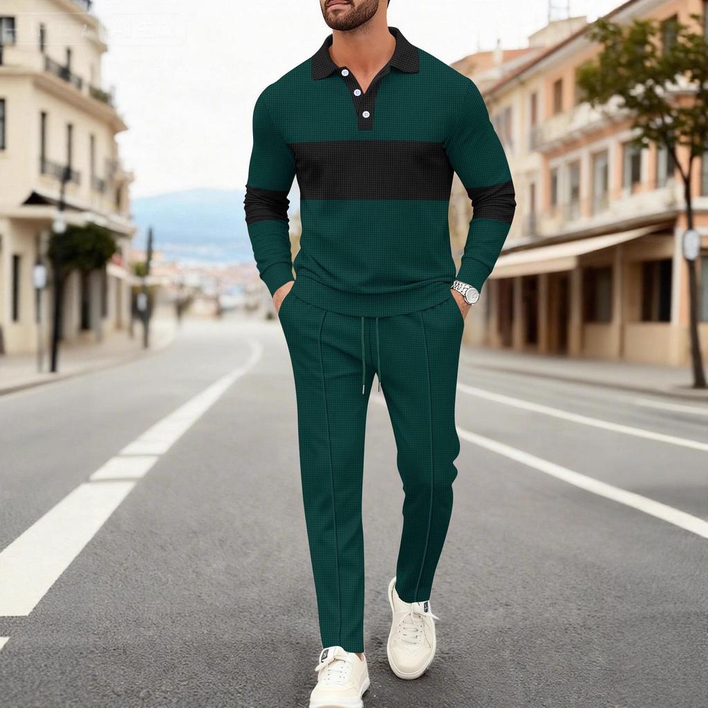 2025 Men's Autumn Waffle Sweatshirt & Pants Set - Casual Long Sleeve Lapel Design