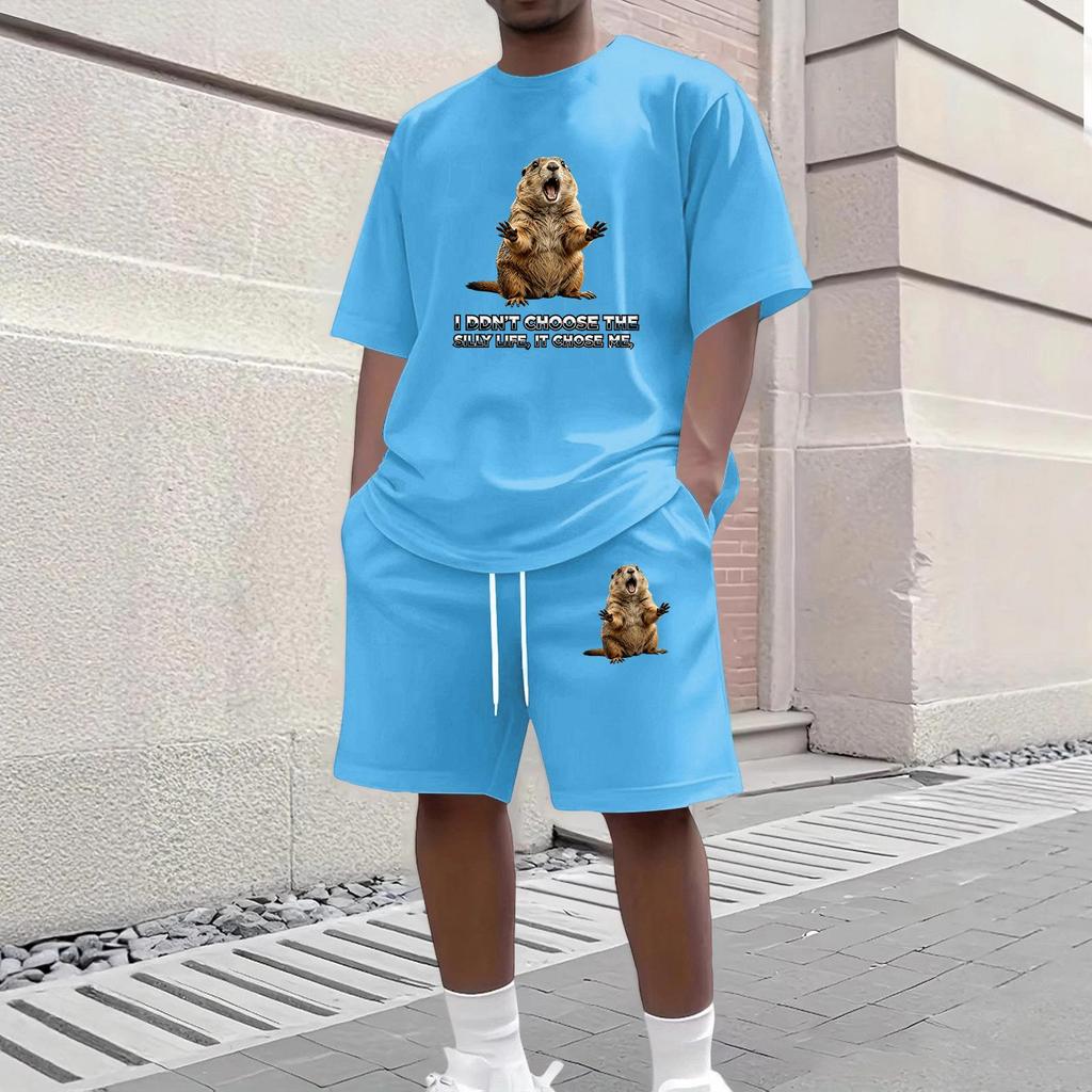Men's Casual Two Piece Set Short Sleeve Crew Neck T Shirt and Shorts with Animal Print Loose Fit Summer Outfit Comfortable Daily Wear