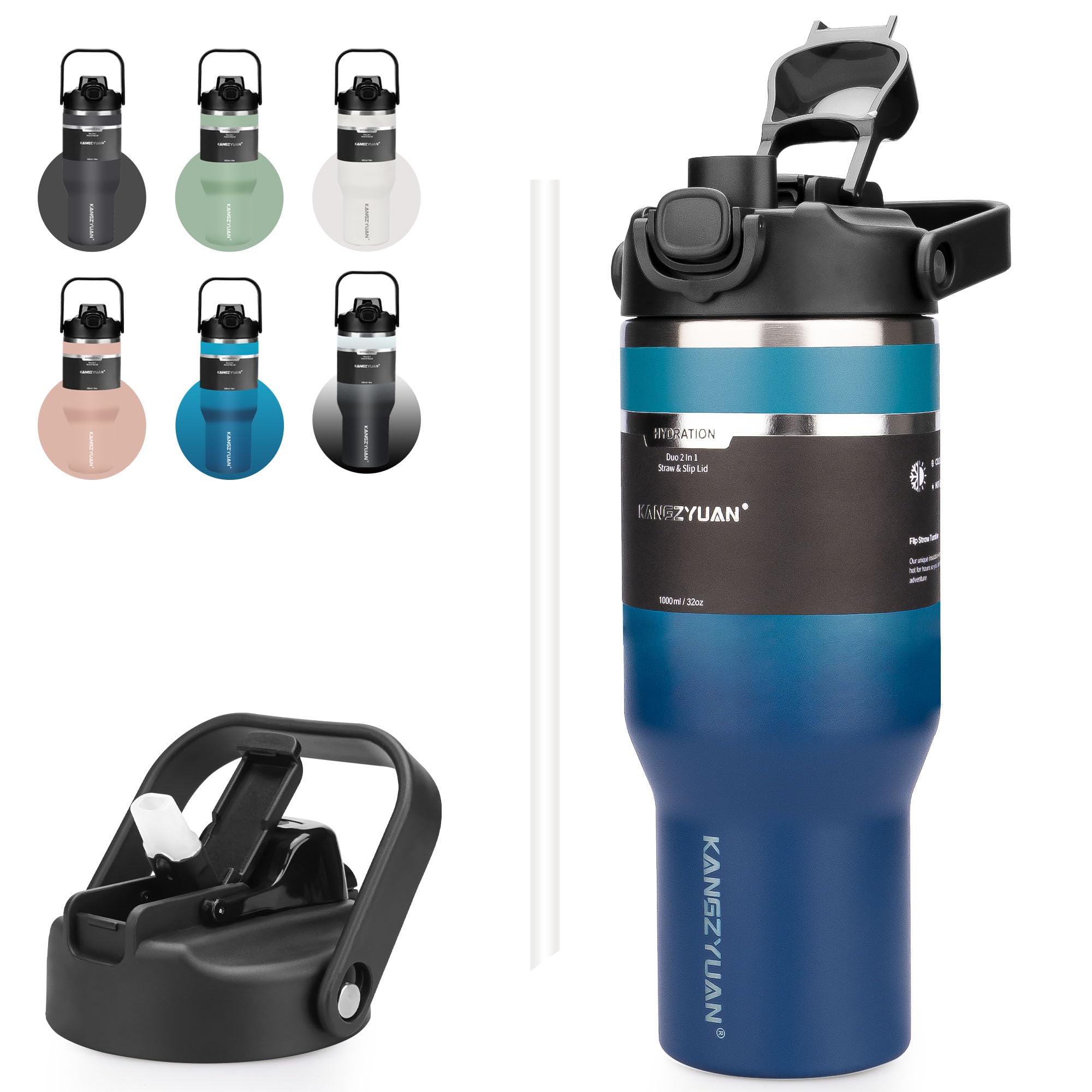 

KZYBODY 1000 мл Тамблер с большим вакуумным нержавеющим стаканом для воды, сохраняет горячим и широким, с прямой подачей, поставляется с крышкой и легко BPA для путешествий, синяя соломинка, вместимость,