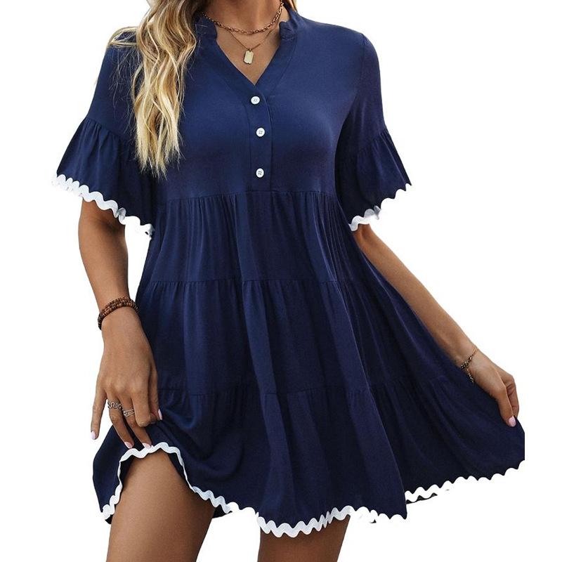 Summer Women's Dress Lace V-neck Solid Colour Doll Dresses
