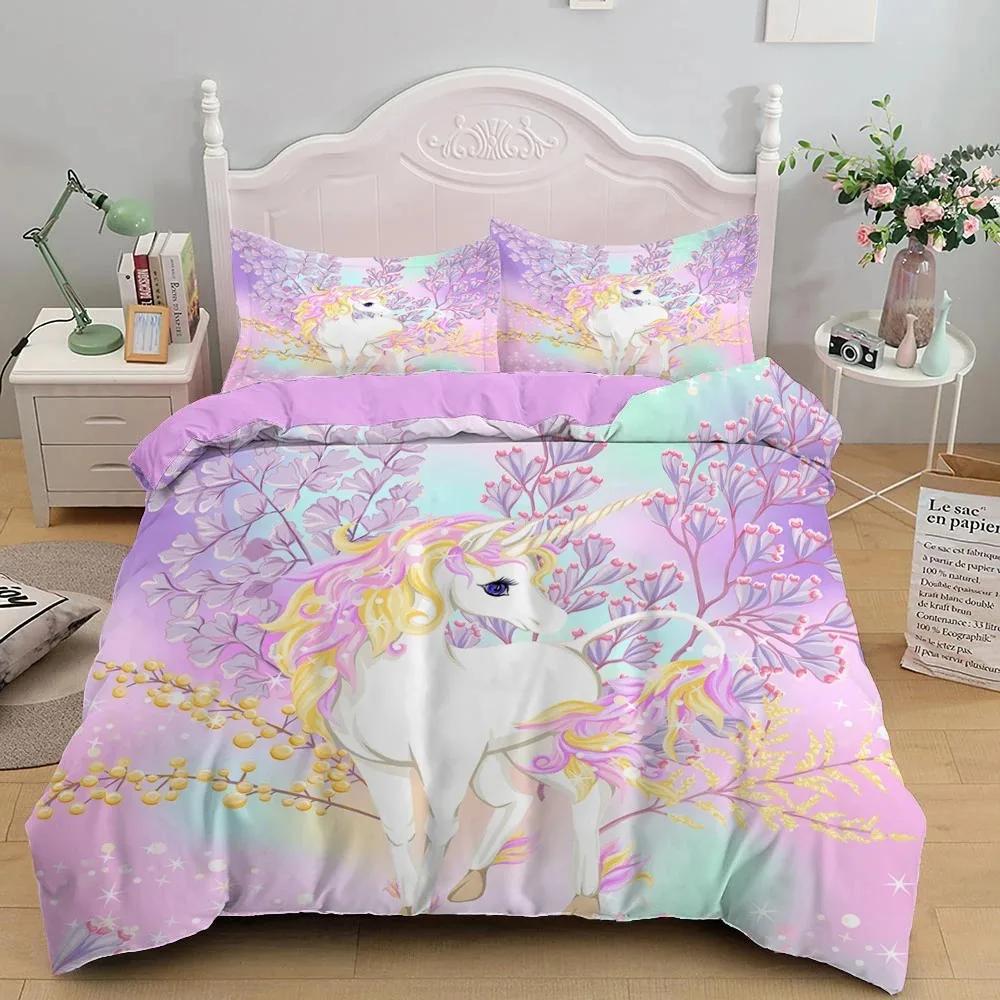 Cute Unicorn Duvet Cover Set Girly Pink Castle Bedding Set Single Twin Size For Princess Girl Dedicated Bedroom Decor Bedclothes