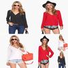 T-shirt Eleganti da Donna Manica Lunga Sottile Scollo a V Camicia in Chiffon Bianca Nera Rossa