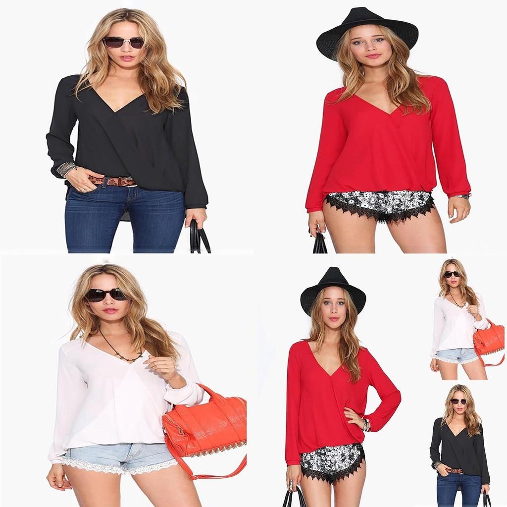 T-shirt Eleganti da Donna Manica Lunga Sottile Scollo a V Camicia in Chiffon Bianca Nera Rossa