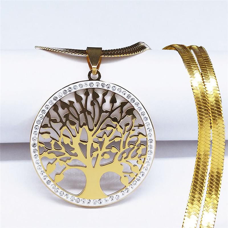 Tree Of Life Pendant Necklace Women Gold Crystal Stainless Steel Jewelry Elegant Gift For Her