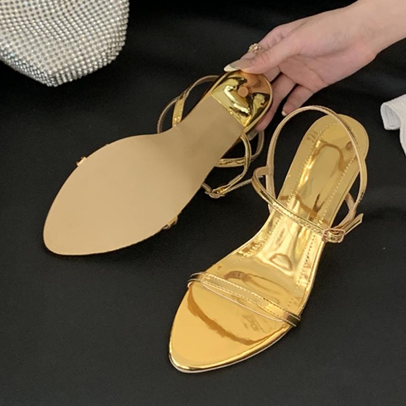 Gold Silver Patent Leather Women Sandals Fashion Round Open Toe Gladiator High Heels Party Dress Shoes Sandalias De Mujer