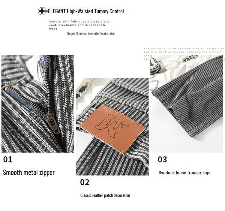 Women's Striped Wide-Leg High-Waisted Jeans - Slimming Loose Fit Black-Gray Floor-Length Pants for Spring and Autumn