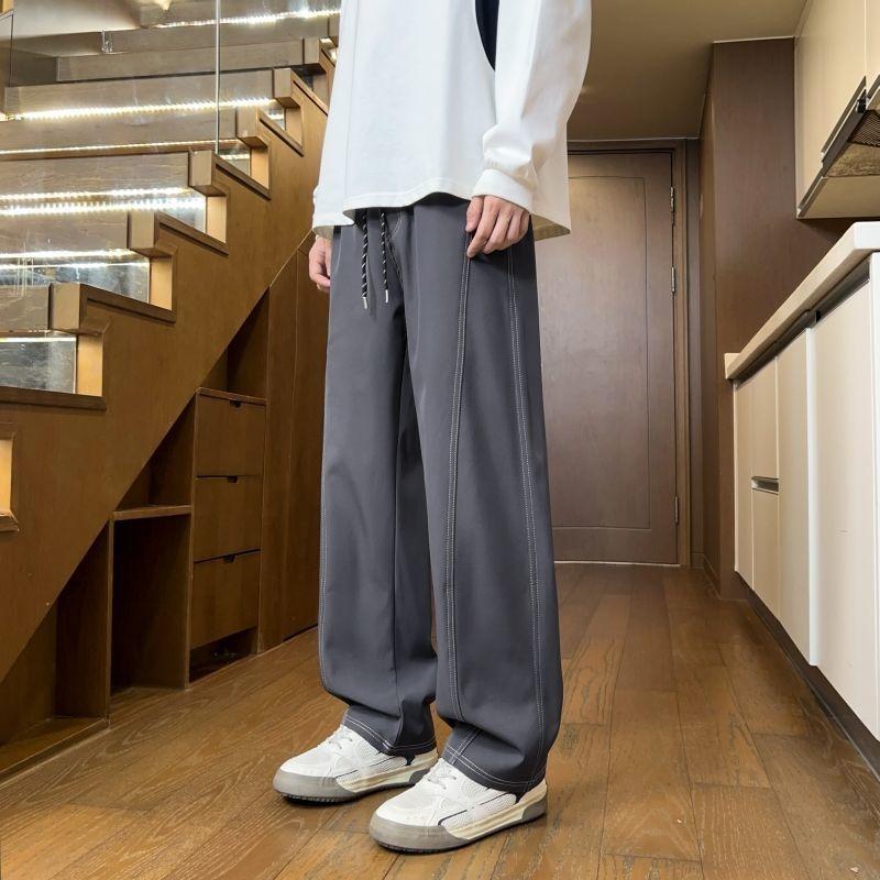 Men's Wide-Leg Pants Drawstring Waist Contrast Stitching Loose-Fit Casual Daily Trousers