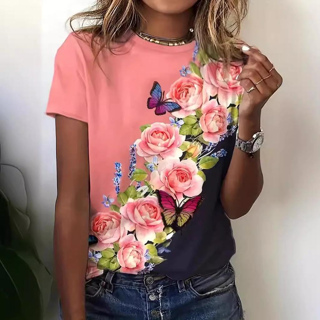 Spring and Summer New Niche Retro Cute Flower 3D Printed Round Neck Short Sleeved T-shirt