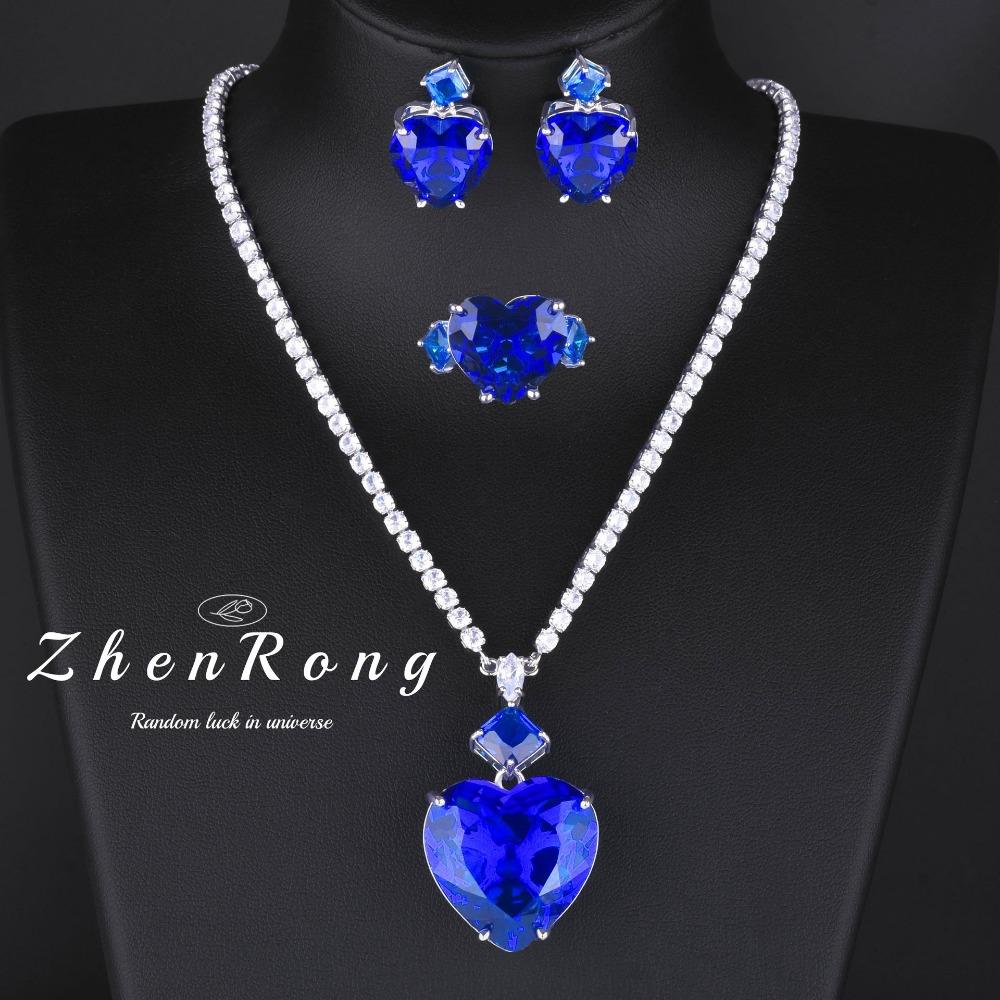 Elegant Blue Sapphire Jewelry Set Women Full Diamond Necklace Earrings Ring Bridal Wedding Party Evening Dress Luxury