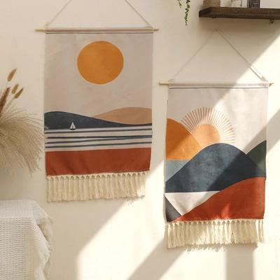 Hand-woven Tassel Tapestry Decorative Hanging Cloth Sunrise and Sunset Print Simple Studio Bedroom Living Room Background Wall