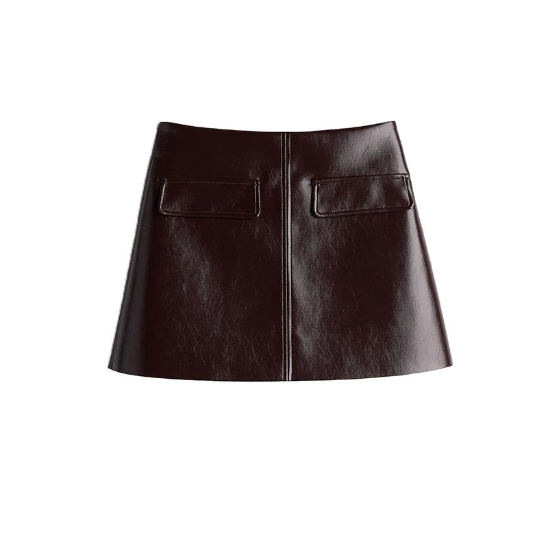 

Spring Pu Lapel Long sleeve Slim fit Shirts 1253872 Artificial Leather High Waist Mini Short dress 1253171 Wine Red Skirt L