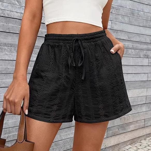 2026 European and American Women's Casual Hollow Elastic Drawstring Beach Shorts in Solid Color