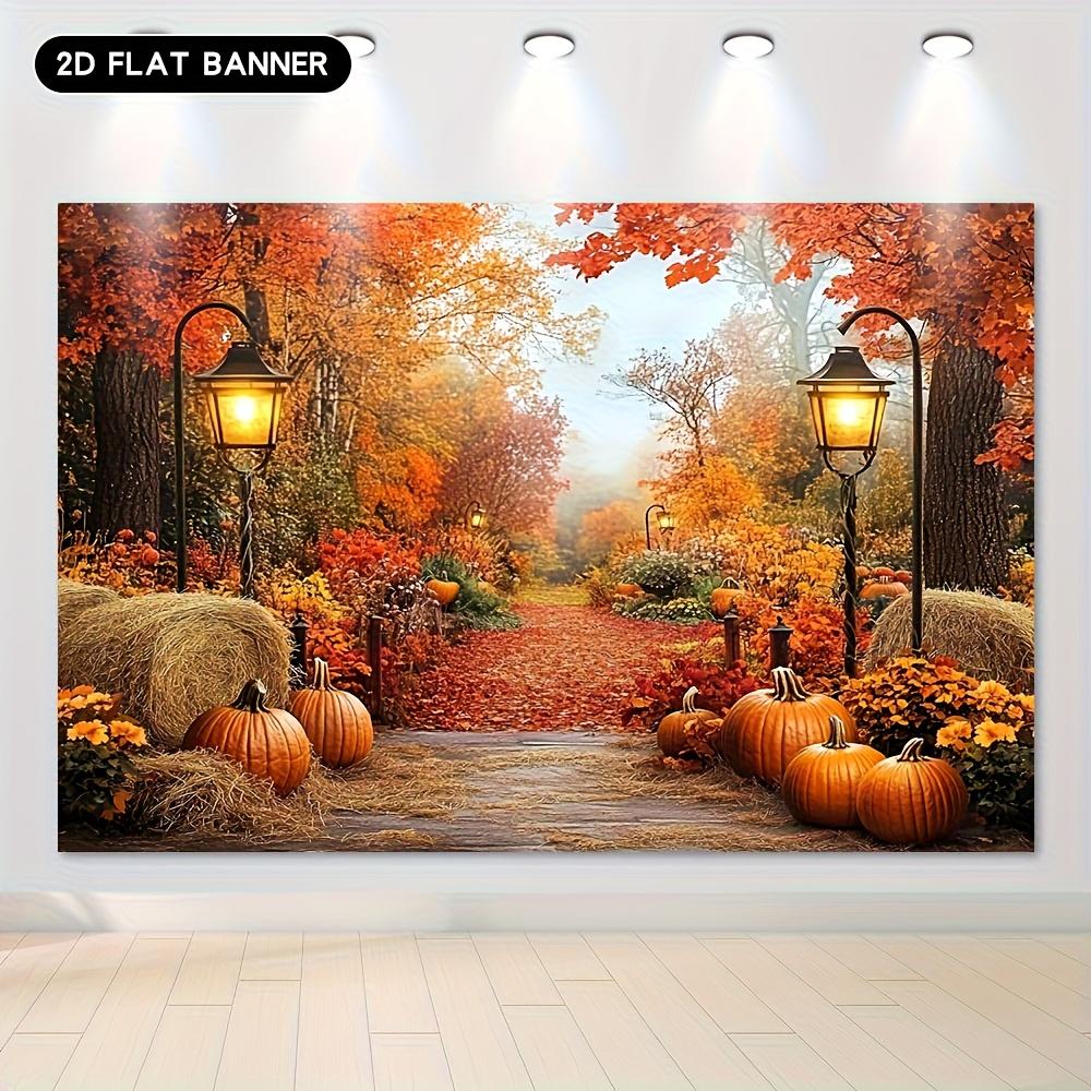 1 piece 2D flat printing autumn harvest pumpkin maple leaf street lamp background cloth decorative banner