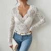 Women Tops V-Neck Long Sleeve Hollow Embroidery Lace Design Pullover Tops Pure Color Slim Fit Mesh Detail Blouse Daily Wear