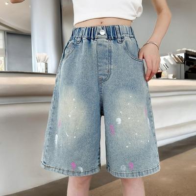 Girls' Denim Shorts Summer Thin Design Graffiti Shorts Mid Size Children's Summer Cropped Pants