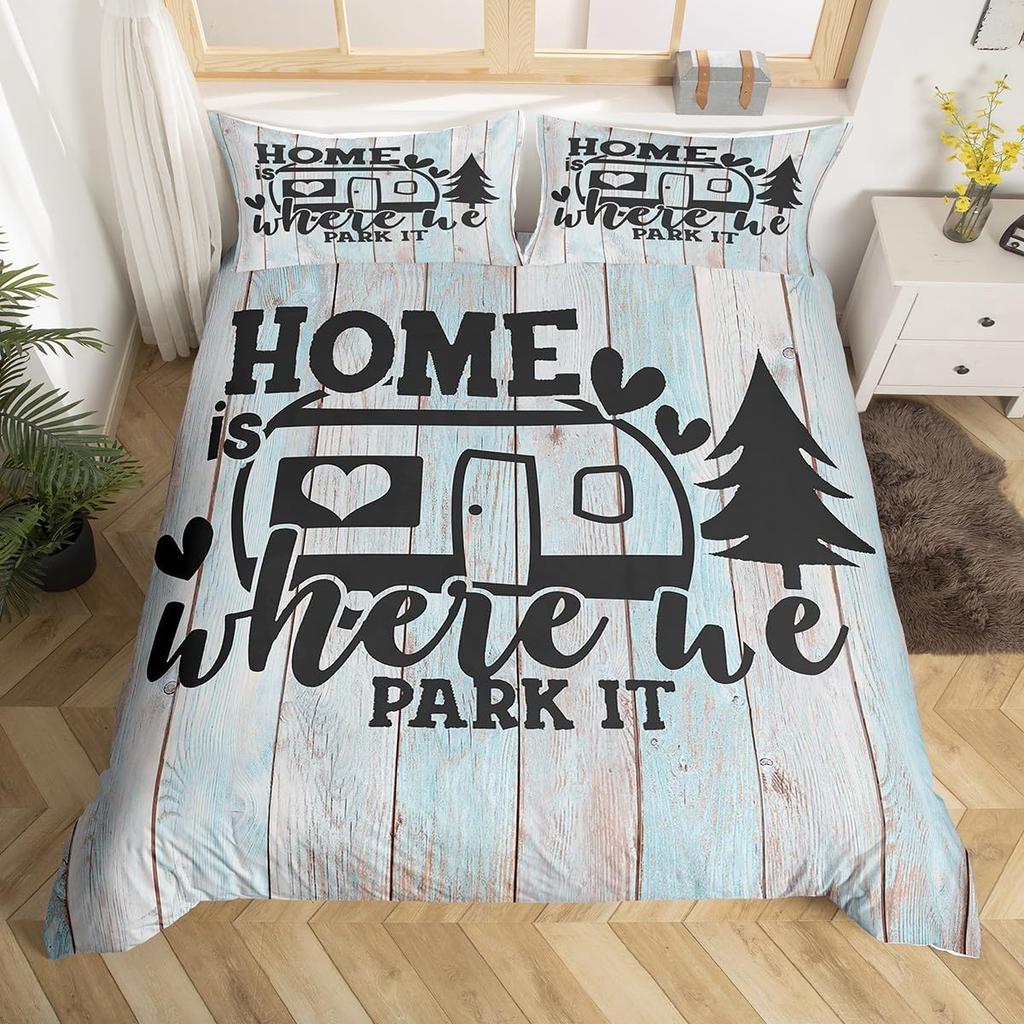 Happy Camping Duvet Cover Queen Full Twin King Camper Theme Comforter Cover With 2 Pillowcase Rustic Farmhouse Style Bedding Set