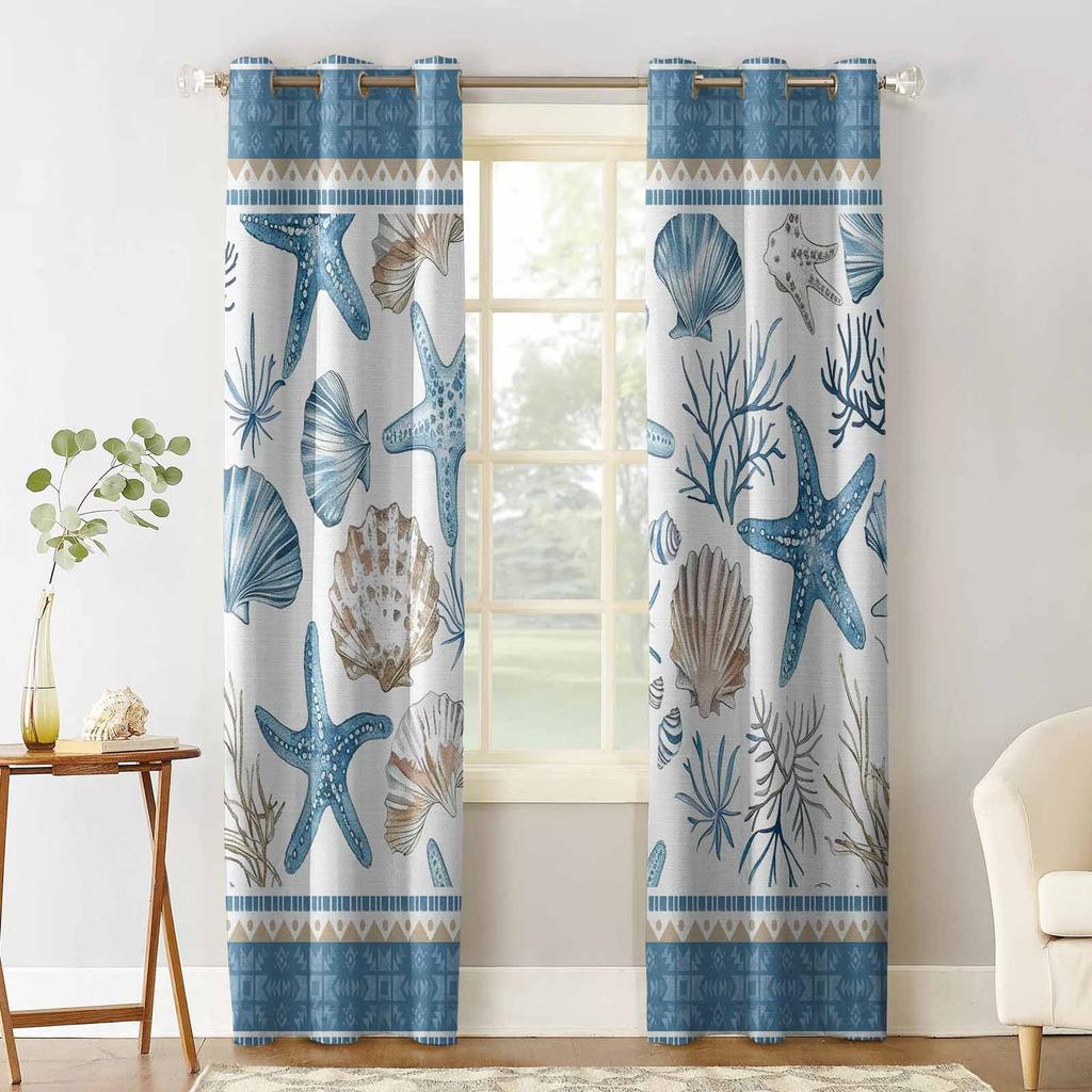 Marine Coral Shell Starfish Blue Series Blackout Curtains For Living Room Bedroom Printed Window Treatment Drapes Home Decor