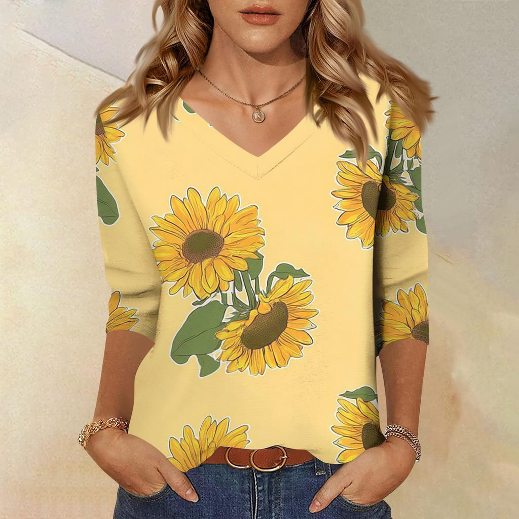 Women's Fashionable Casual V-Neck Three-Quarter Sleeve Printed T-Shirt Top