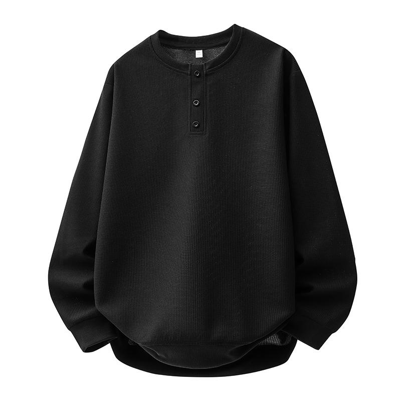 Men s Waffle Knit Henley Sweatshirt - Casual Buttoned Neck Oversized Pullover M чёрный