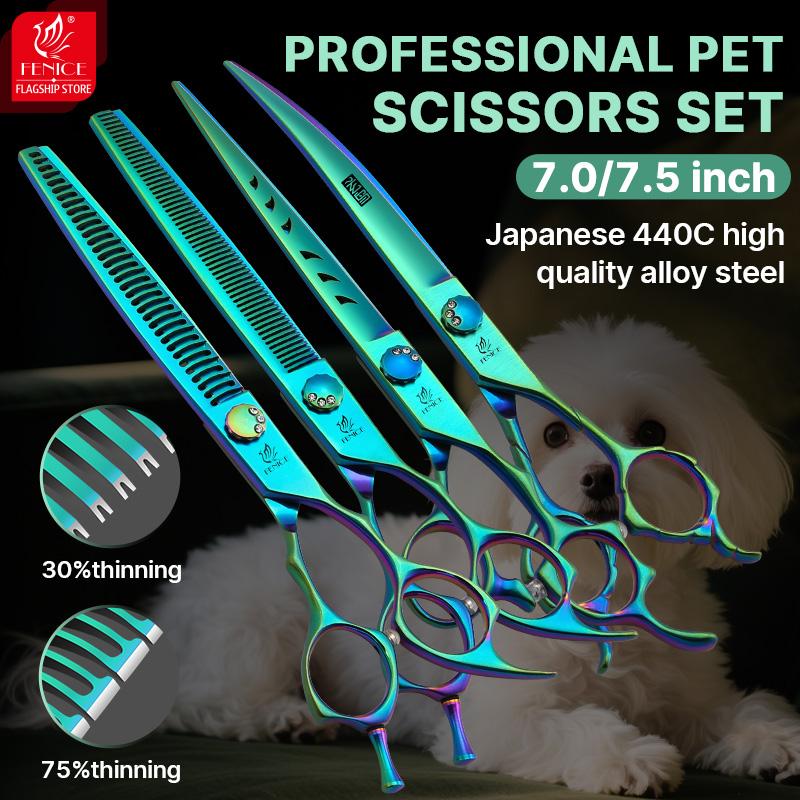 Fenice High-grade 7.0/7.5 inch JP440C Fluorescent Green Pet Grooming Scissors Shears Cutting&Curved&Thinner Set for Dog Groomer