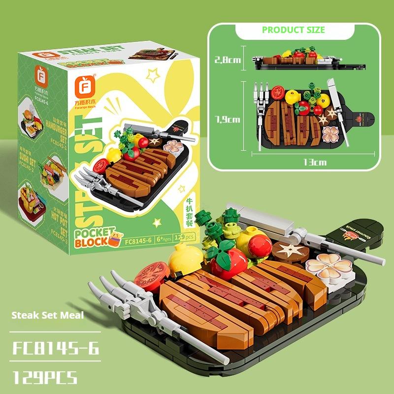 Building Blocks Children's Educational Assembly Food Model Compatible with Lego Boy Puzzle Steak Hamburger Hot Pot Toy