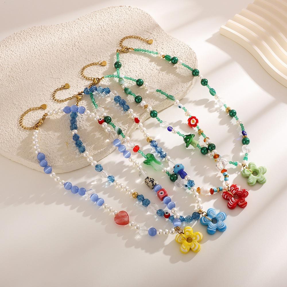 Colorful Floral Chain Choker Coloured Glaze Beads Pendant Necklace Fashion Flower Necklace  Girls
