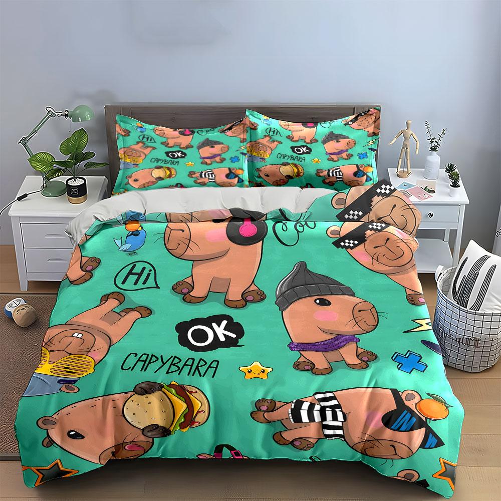 Cute Capybara Cartoon Pattern Bedding Duvet Cover Set (1*Duvet Cover 2*Pillowcases, Without Duvet Insert)