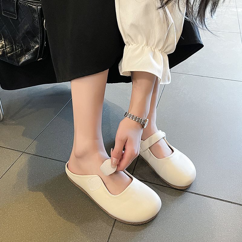 2025 Simple Round Head Mary Jane Shoes Women's Casual Commuting Versatile Light Mouth Half Drag Outside Wearing Generous Temperament Flat Shoes