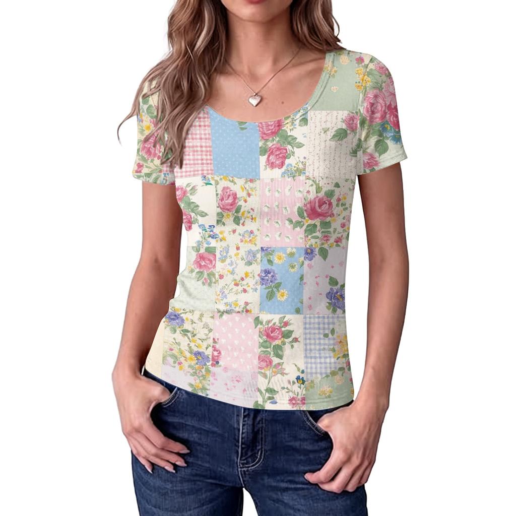 Women's Slim Fit Short Sleeve Top Square Neckline Vintage Floral Print Patchwork Design Casual Lightweight Blouse