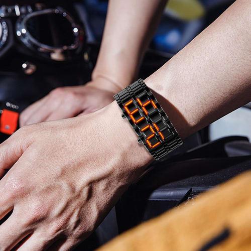 Gosasa Men's Lava Style Stainless Steel Watch with Red and Blue LED Digital Watch and Black Bracelet Watch, Red, Business Casual.