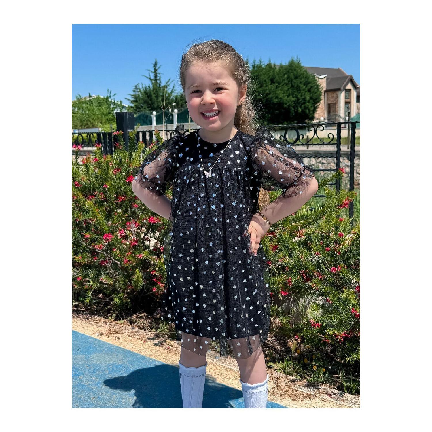 

Heart Printed Tulle Detail Short Sleeve Dress 2-3 Yaş чорний