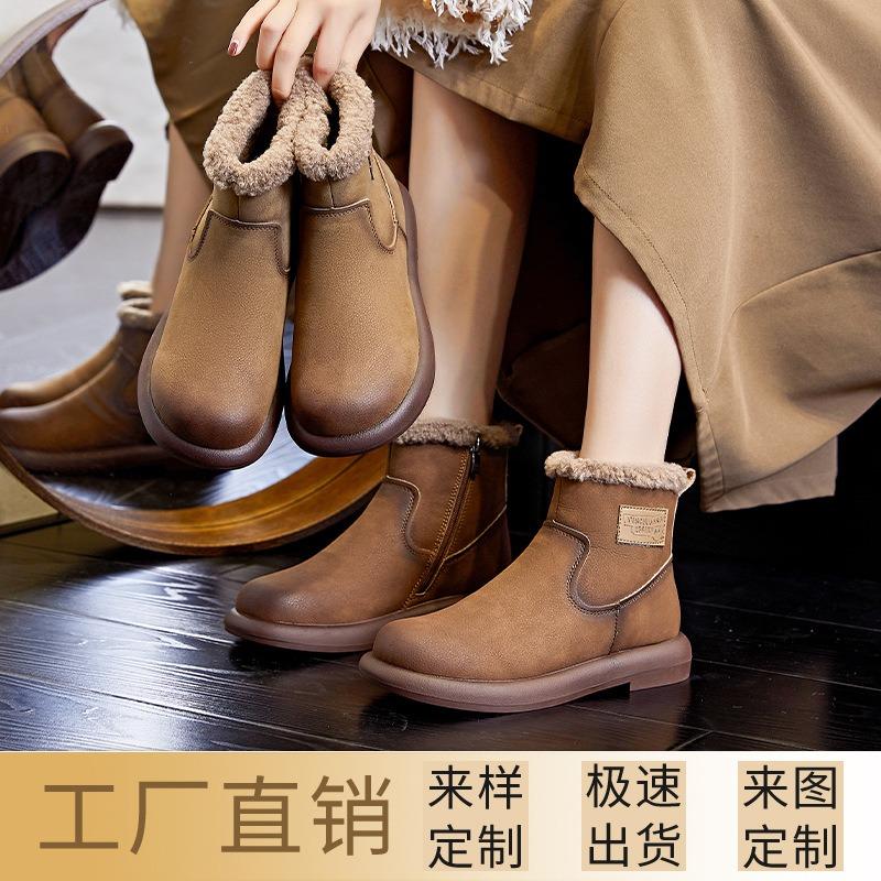 New snow boots women's winter velvet warm women's boots casual short boots versatile retro polished fashion women's shoes