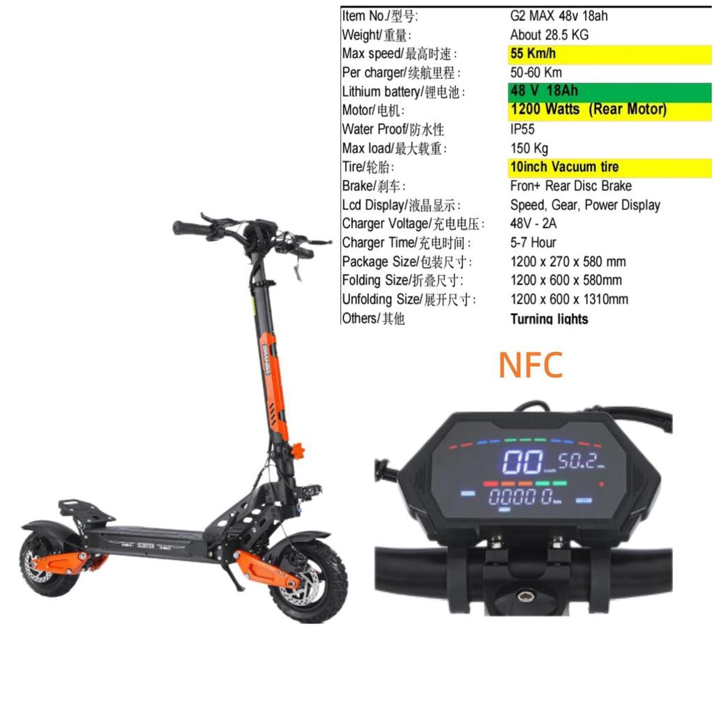 G2 MAX 1200W 48V 21ah 55 KM/H elektrische step, opvouwbaar, met zadel, voor stads- en off-road gebruik E Scooter