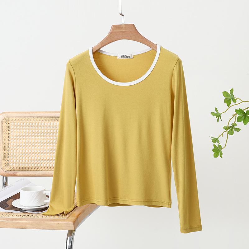 

Женская мягкая, приятная к коже футболка с круглым вырезом и длинным рукавом в стиле колор-блок - Свободный, стройнящий, универсальный топ на весну/лето XL (90-125 jin) лимонно-желтый