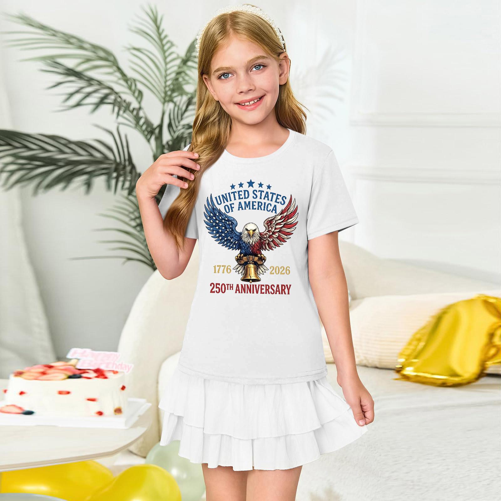 

Girls Crew Neck Short Sleeve T Shirt Casual Printed Tee with Eagle and Liberty Bell Graphic Lightweight Soft Fabric Comfortable Fit 160 білий