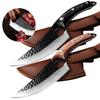 Wooden Handle with Hole Boning Knife Hammer Pattern Forging Slaughter Cutting Meat Skinning Knife Killing Fish with Leather Case
