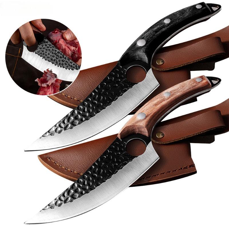 Wooden Handle with Hole Boning Knife Hammer Pattern Forging Slaughter Cutting Meat Skinning Knife Killing Fish with Leather Case