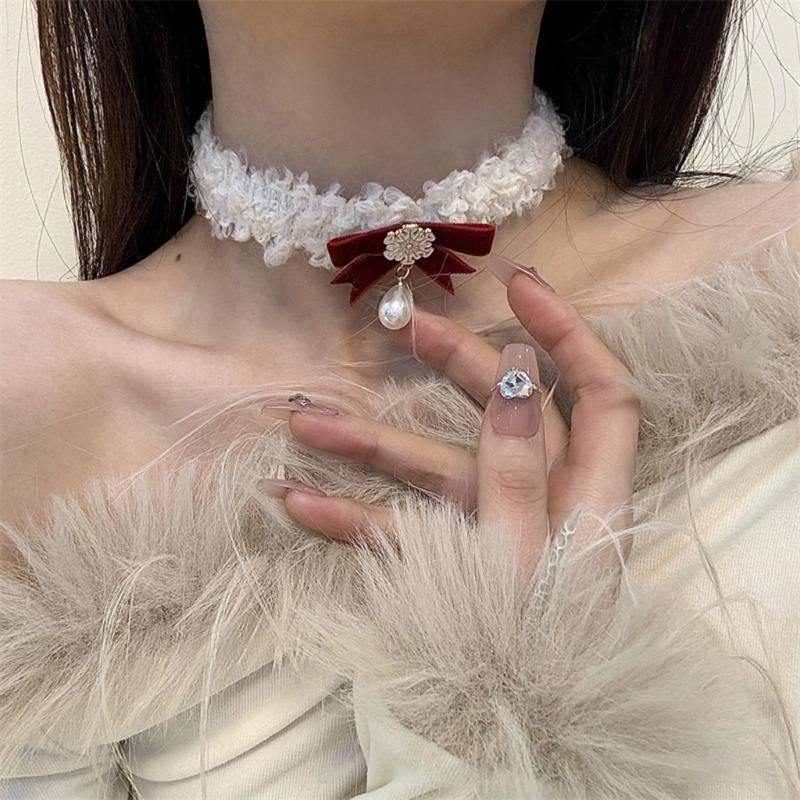 Bohemian Snowflake Pearl Necklace Bowknot Pendant Clavicle Chain Christmas Bows Collarbone Chain for Women Girls