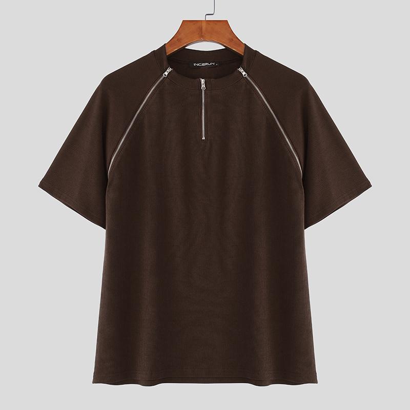 INCERUN Men Round Neck Short Sleeve Zipper Casual Fitted T-shirts