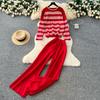 Autumn Winter Women Casual Striped Knitted Sweater Trouser Two Piece Set Full Sleeve Pullover Tops and Wide Leg Pant Tracksuit