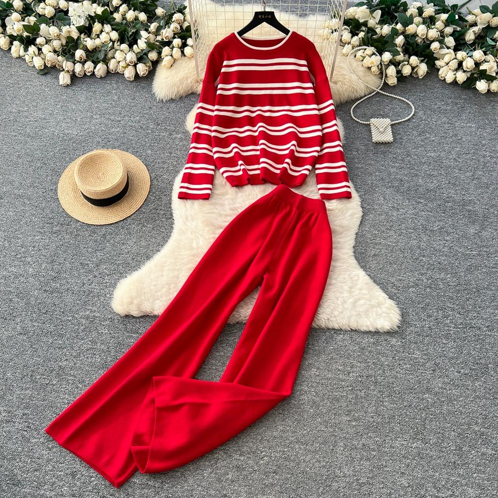 Autumn Winter Women Casual Striped Knitted Sweater Trouser Two Piece Set Full Sleeve Pullover Tops and Wide Leg Pant Tracksuit