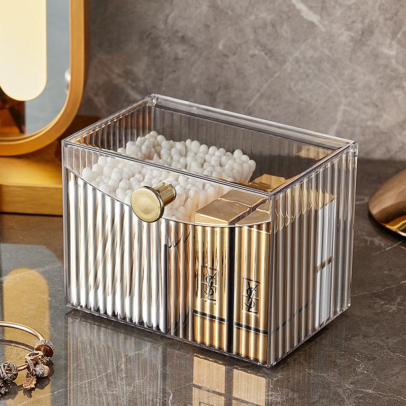 Transparent Flip-Top Cosmetic Storage Box with Compartments for Lipstick, Cotton Pads, and Toothpicks