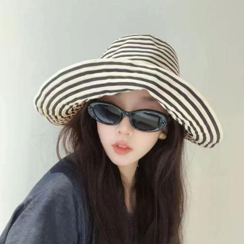 2025Simple Foldable Summer Striped Fisherman's Hat Fashionable Vacation Beach Hat Brimmed Wide G0U7