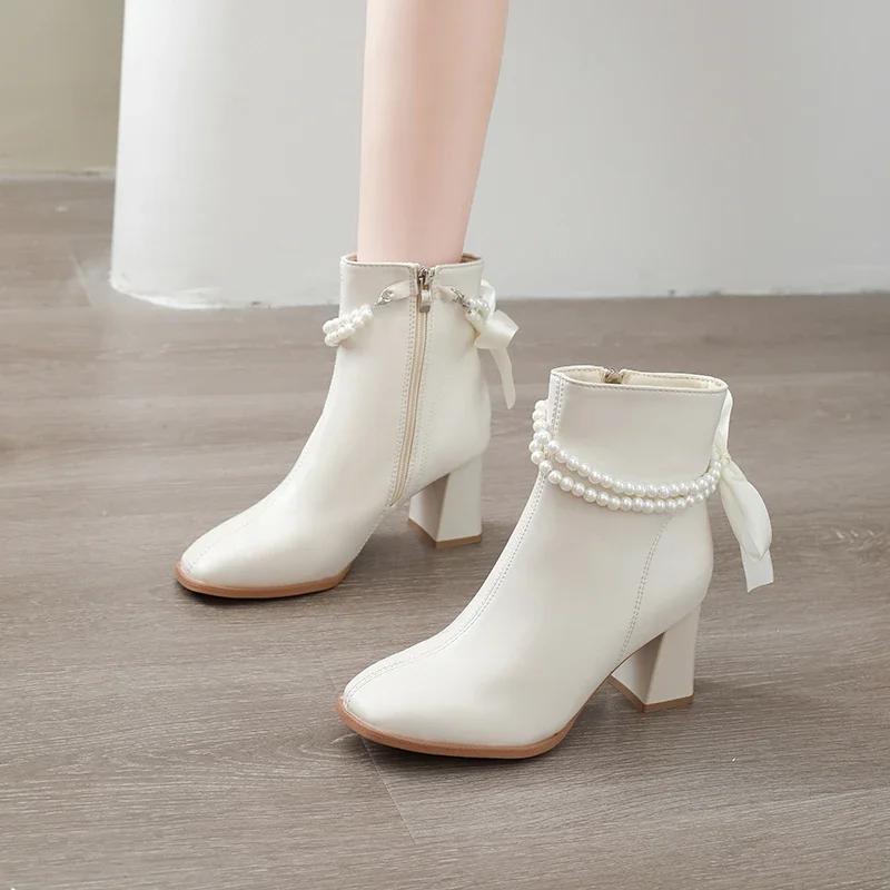 2025 Frühling und Herbst Einzelstiefel Neu Eckige Zehenpartie Seitlicher Reißverschluss Perlenbesetzte Schleife Hoher Absatz Damenschuhe