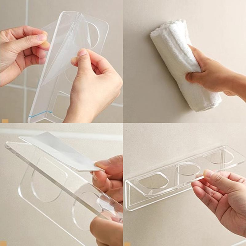 

Прозрачная акриловая полка для ванной с 3 отверстиями, самоклеящаяся, держатель для расчески, диспенсера для бритвы, настенная полка для хранения в душе 1Pcs