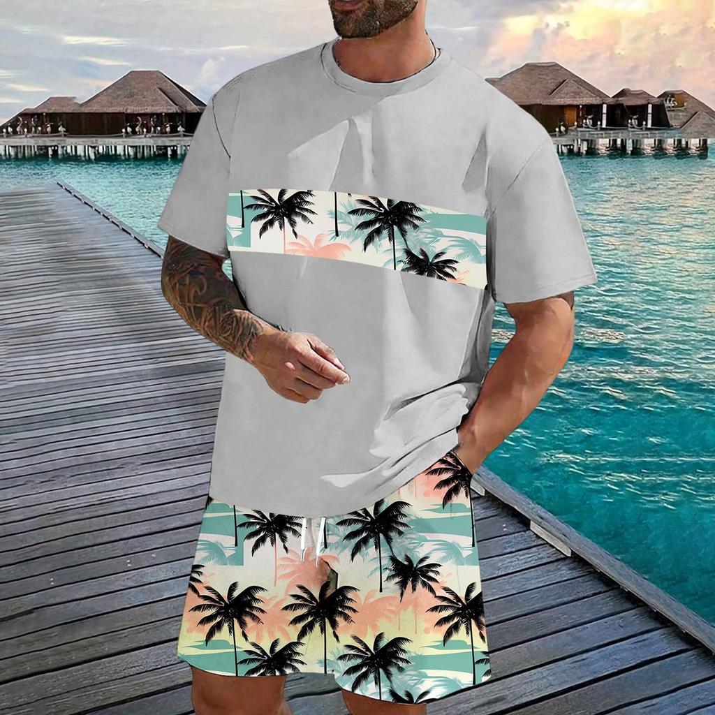 Men's Casual Two Piece Set Short Sleeve T Shirt and Elastic Waist Drawstring Shorts Summer Outfit Lightweight Comfortable Fit